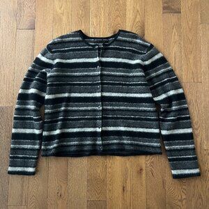 Geoffrey Beene Sport 100% Wool Cardigan L Black Gray Striped Button Up Sweater